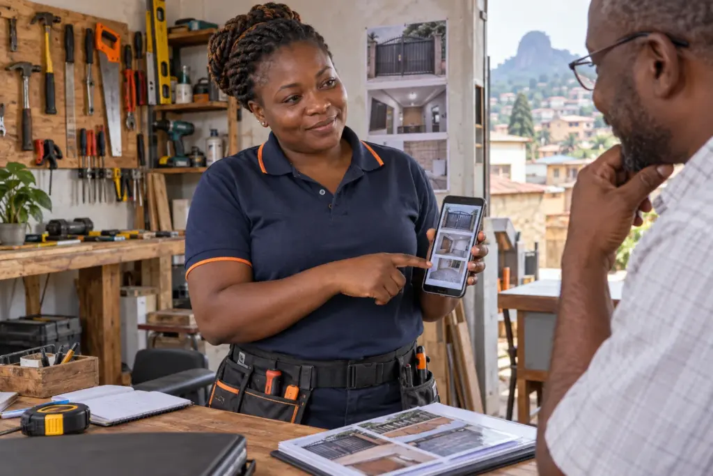 Une professionnelle présente ses réalisations dans son atelier.